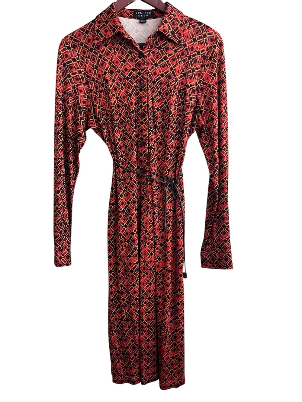 Vintage Spenser Jeremy 100% Silk Geometric Midi Belted Dress Size 6